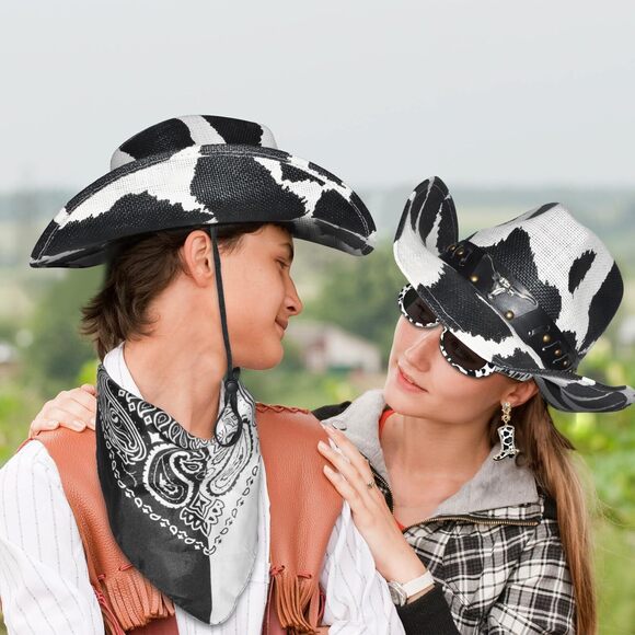 6894 Cow Pattern Straw Cowboy Hat Western With Decorative Bands, Size